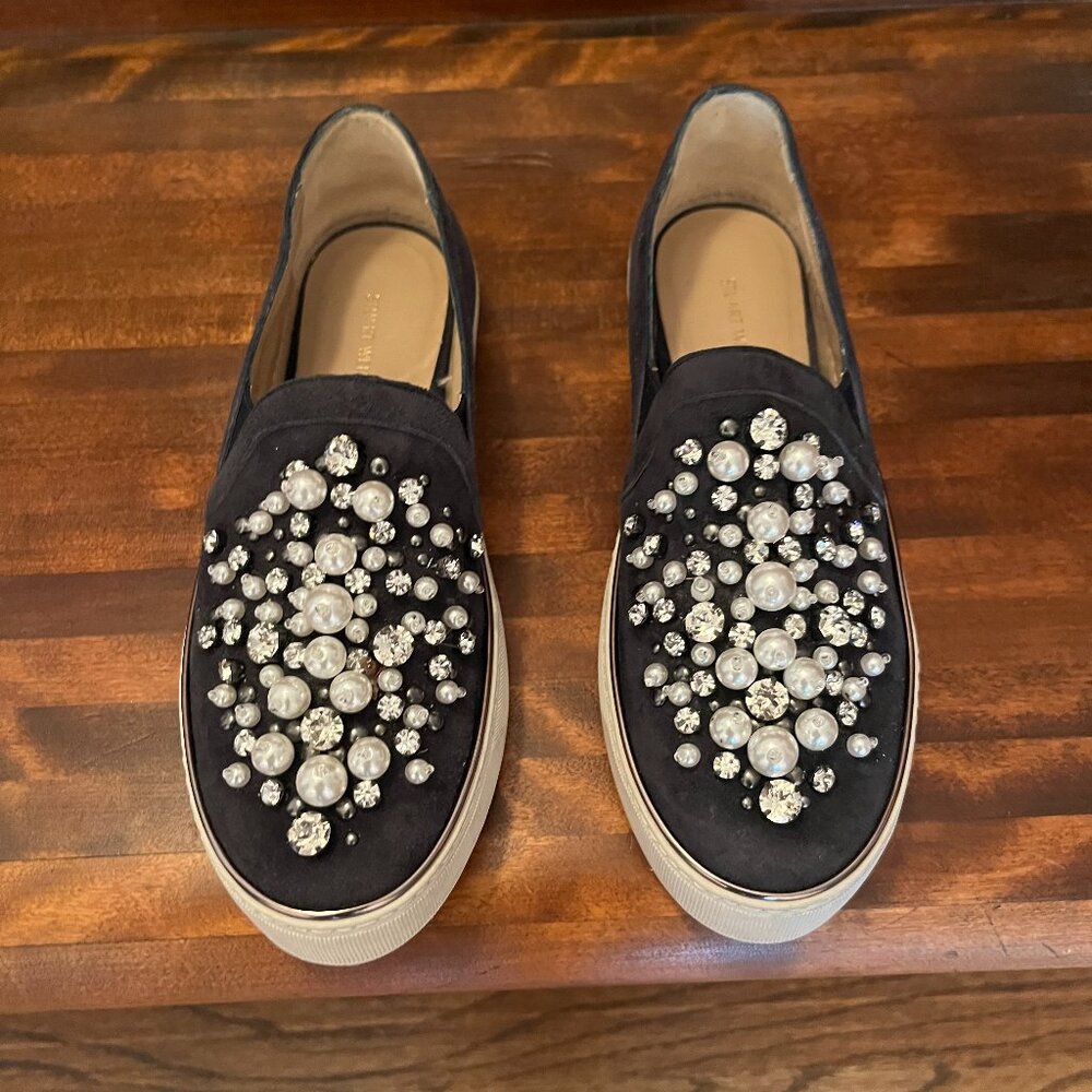 Stuart Weitzman Faux Pearl Crystal Studded Suede Sneakers Luxury Athleisure 5.5
